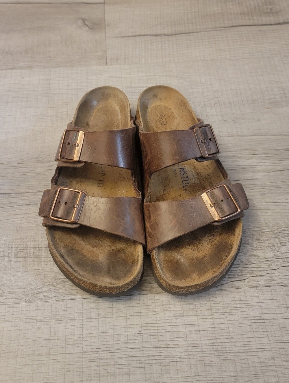 Birkenstock-Style Men's Double Strap Brown Leather Slide Sandals